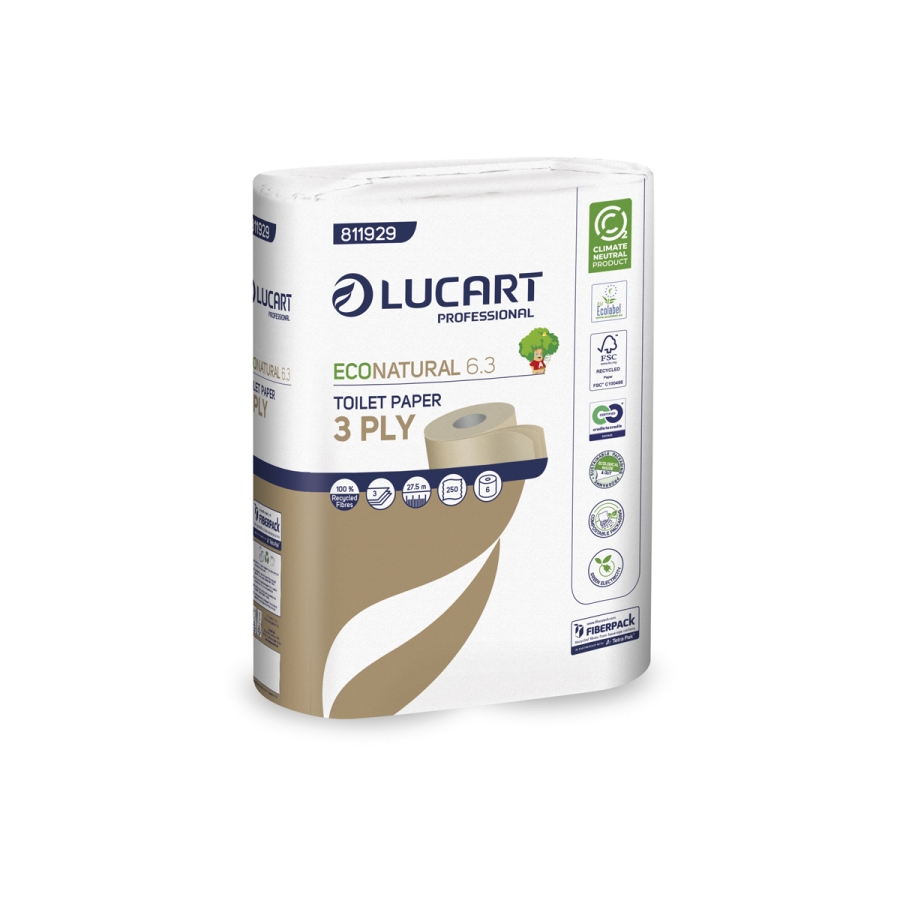 Lucart Prof. EcoNatural 6.3, Toilettenpapier, 3-lagig, Fiberpack, 250 Blatt, 30 Rollen/Sack, braun