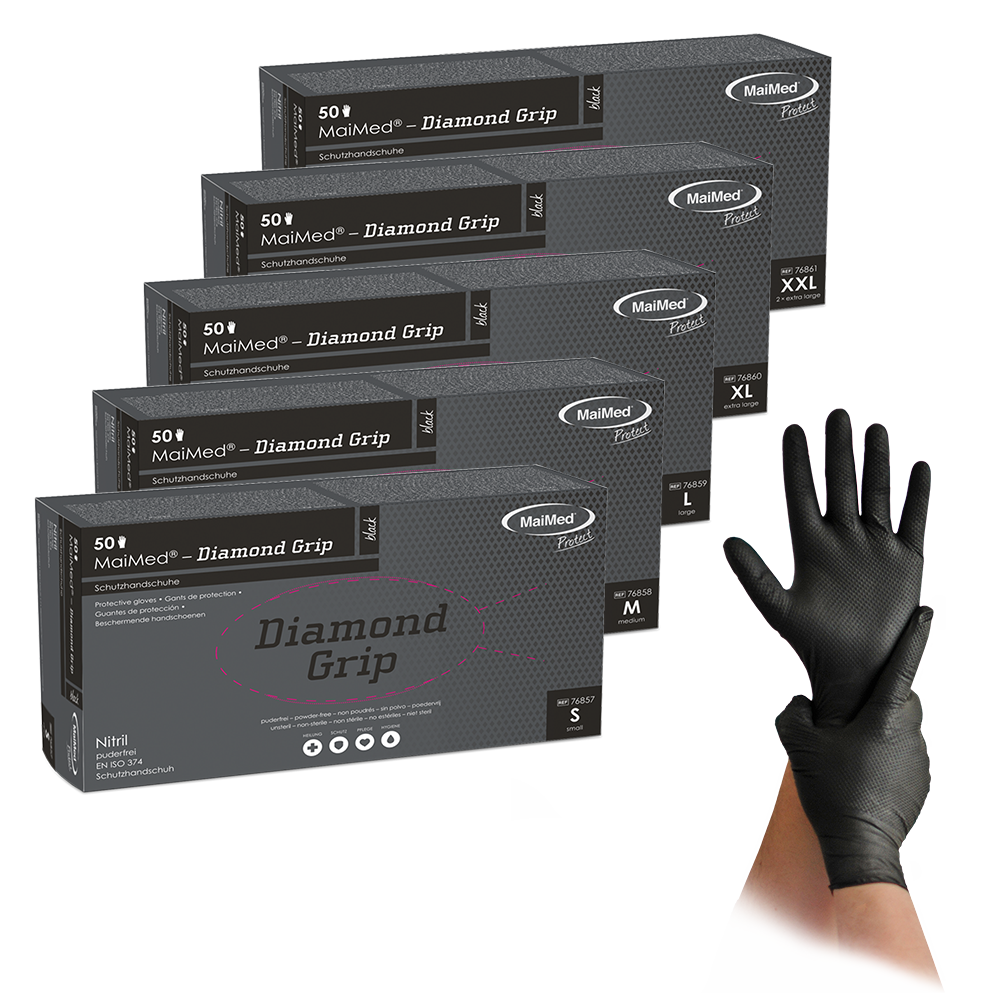 MaiMed Diamond Grip schwarz, Gr. XL, unsteril, pf, latexfreier Nitril-Handschuh, 50 Stück/Packung