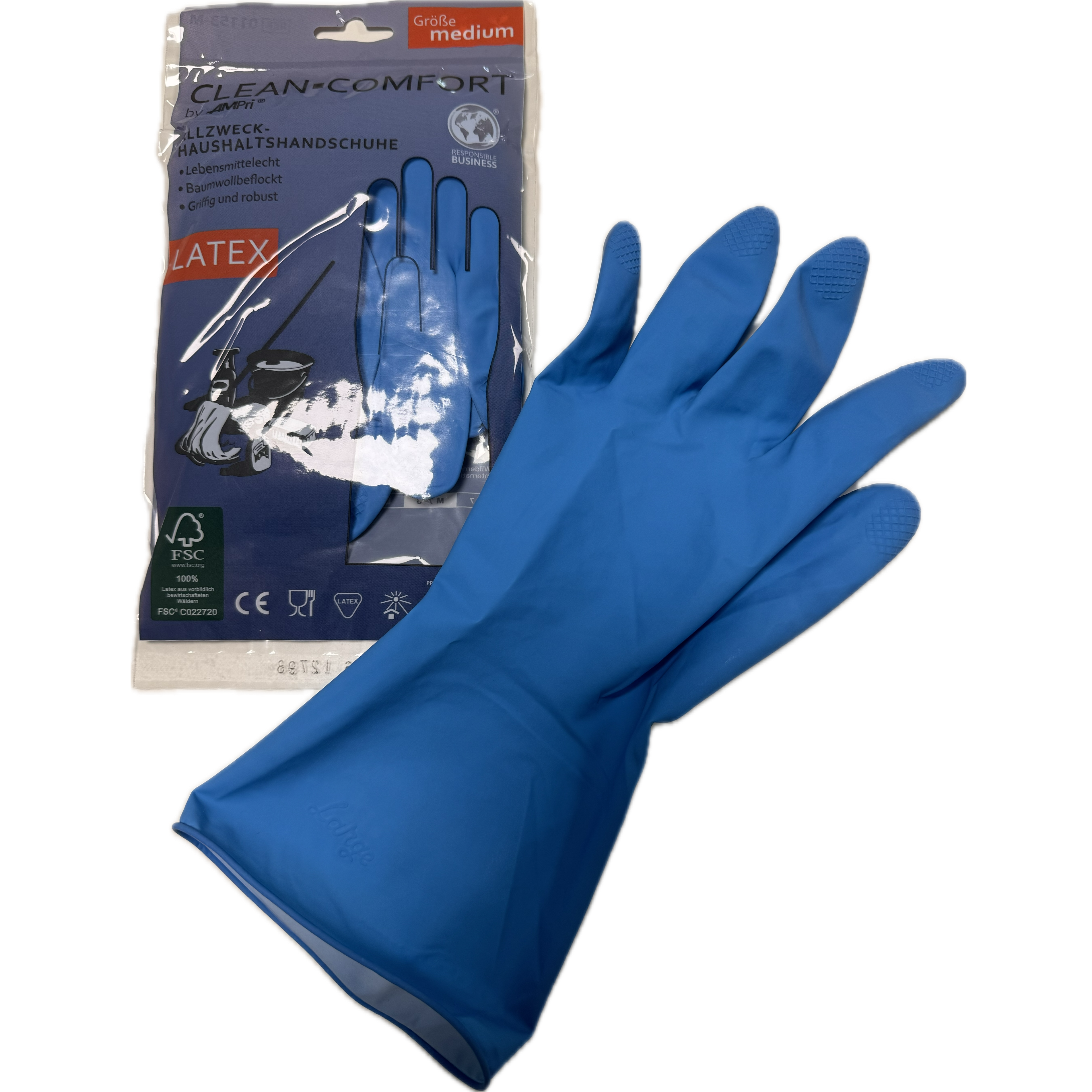 Clean-Comfort Haushaltshandschuhe Latex, blau, Gr. XL (9-10), puderfrei, baumwollbeflockt